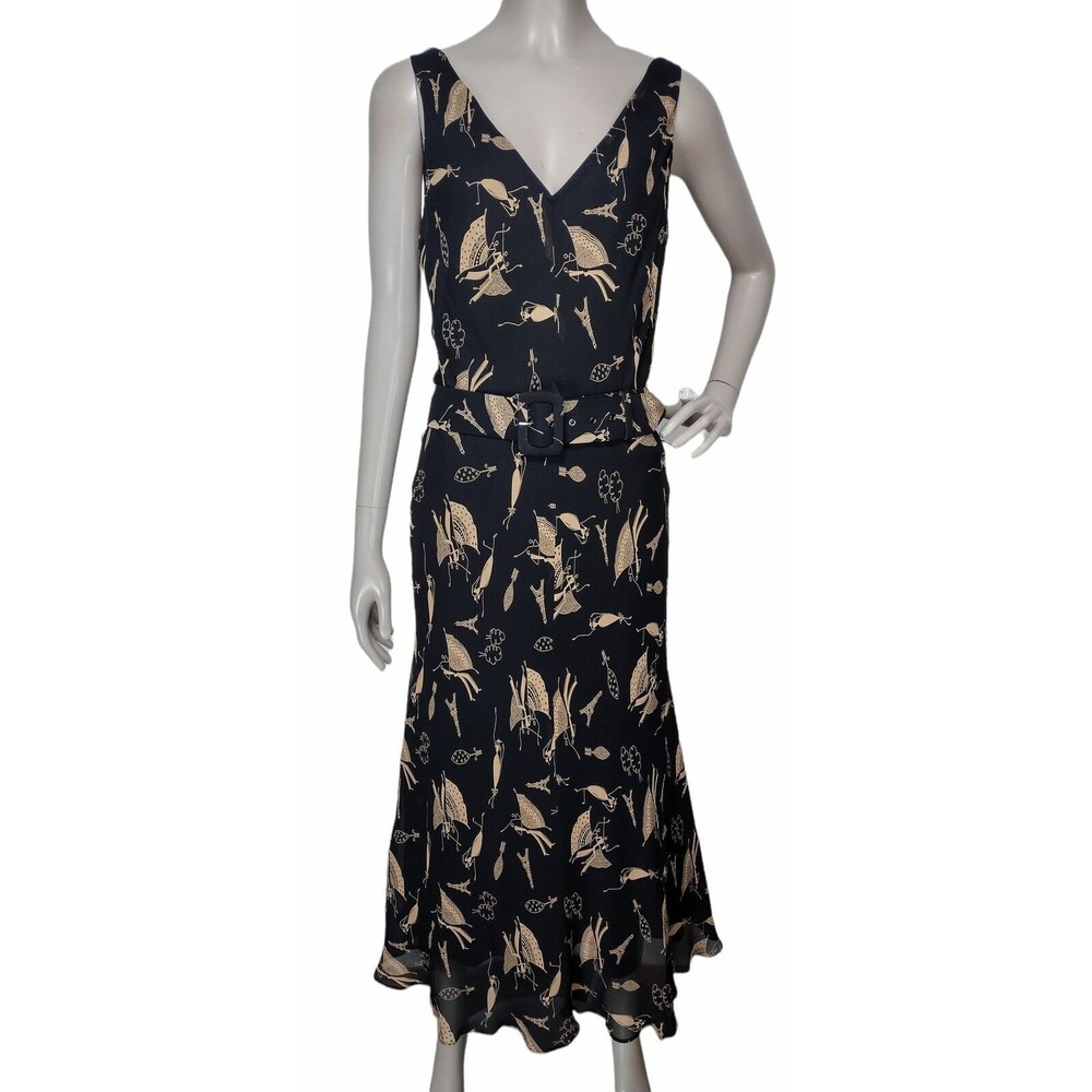 Vintage 90s 100% Silk Black Gold Paris Flamenco Dancer All Over Print Dress